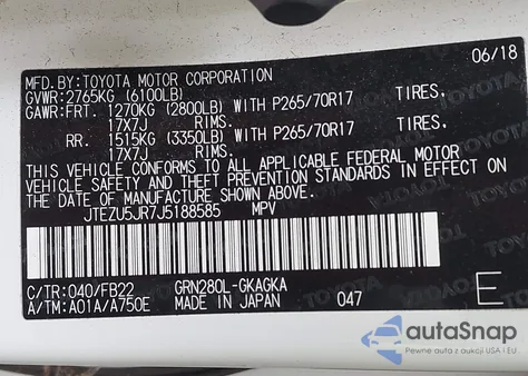 2018 Toyota 4Runner Sr5/Limited/Sr5 Premium z USA, uszkodzony, nr VIN JTEZU5JR7J5188585